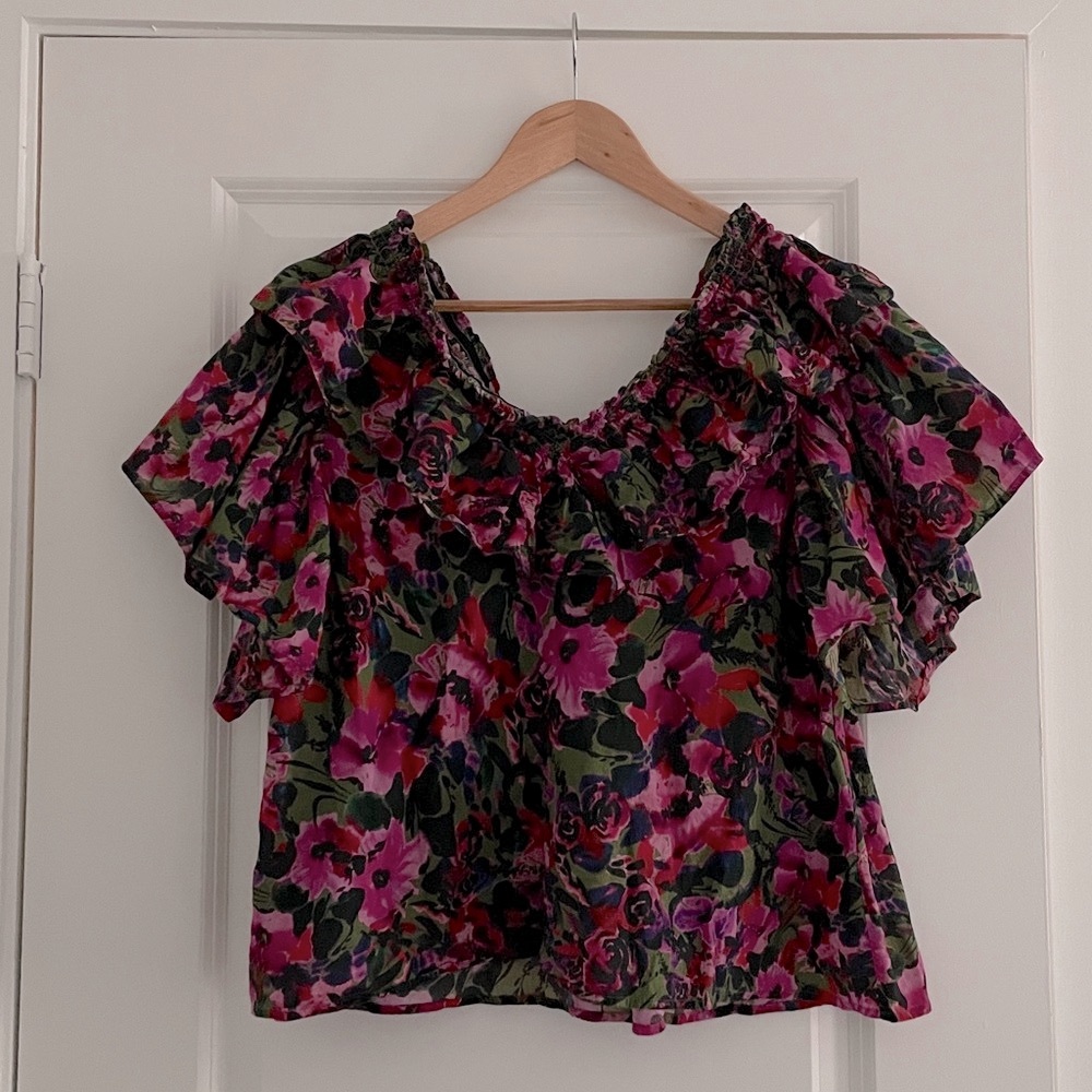 Something Navy Floral Ruffle Blouse Romantic Maximalist Coastal Grandma